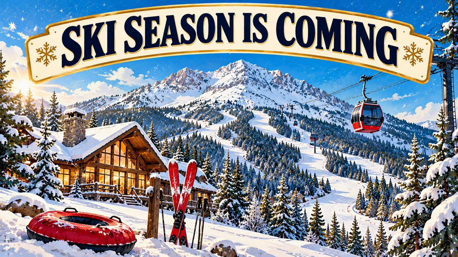 Illustrated vintage ski poster of snowy Sierra Blanca peak with a gondola, pine trees and ski trails under a bright blue winter sky, with the words Ski Season Is Coming