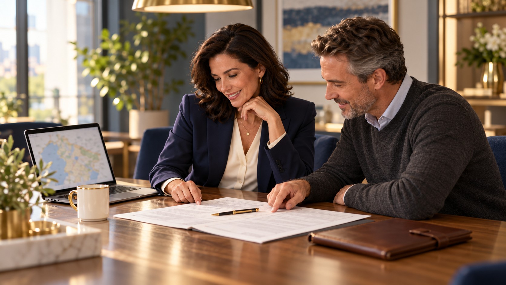 Two real estate agents smiling as they review a printed referral agreement at a wooden table, a laptop with a regional map beside them