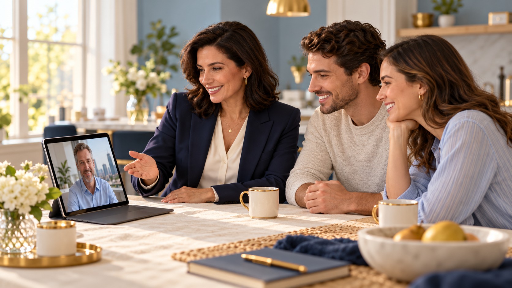 A real estate agent at a kitchen table with a smiling young couple, introducing them to a colleague on a tablet video call