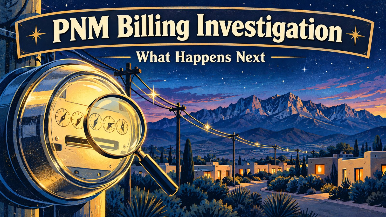 Illustrated vintage travel poster of an electric meter and power lines at twilight over Alamogordo rooftops and the Sacramento Mountains, with the words PNM Billing Investigation and What Happens Next