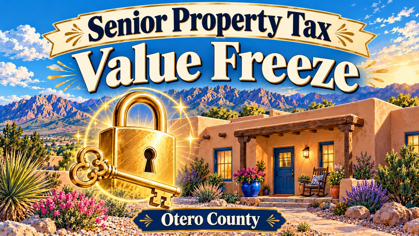Illustrated vintage travel poster of a cozy adobe style home with a golden padlock and key in front of it, under a soft blue sky with the Sacramento Mountains, with the words Senior Property Tax, Value Freeze and Otero County