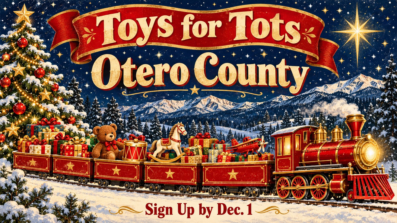 Illustrated vintage holiday poster of a red toy train loaded with wrapped gifts, a teddy bear and a toy drum rolling past a snowy Christmas tree under a navy starry sky, with the words Toys for Tots, Otero County and Sign Up by Dec. 1