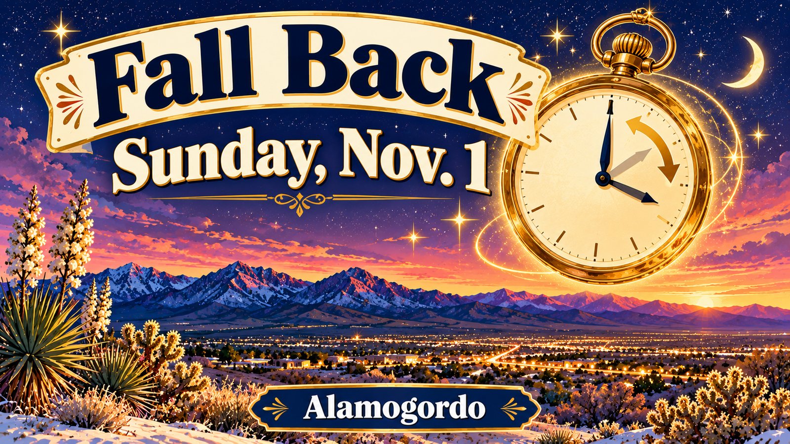 Illustrated vintage travel poster of a large golden pocket watch with its hands turning back over the Tularosa Basin at dusk, with a crescent moon and stars over the mountains, with the words Fall Back, Sunday, Nov. 1 and Alamogordo