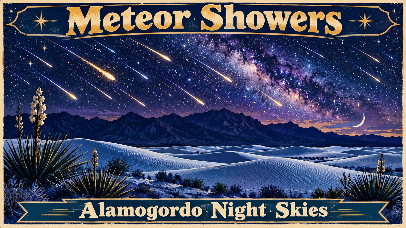 Illustrated vintage travel poster of shooting stars streaking across a purple and navy night sky over the Sacramento Mountains and white desert dunes