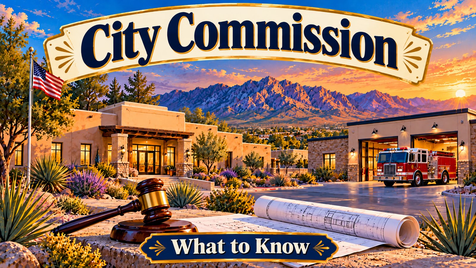 Illustrated vintage travel poster of a southwestern city hall building with a fire station and a freshly paved driveway beside it under a green and gold sunset