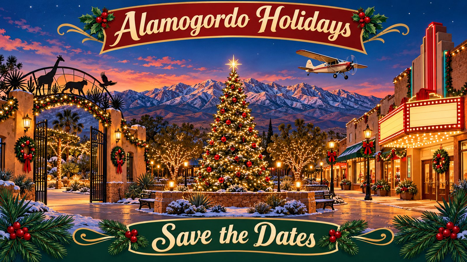 Illustrated vintage travel poster of a lit Christmas tree in a park with a small zoo gate, a theater marquee and a vintage plane under a twilight sky with mountains