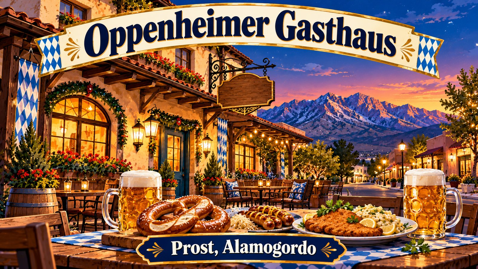 Illustrated vintage travel poster of a cozy German style restaurant on a downtown corner with long wooden tables, pretzels and beer steins under a blue evening sky
