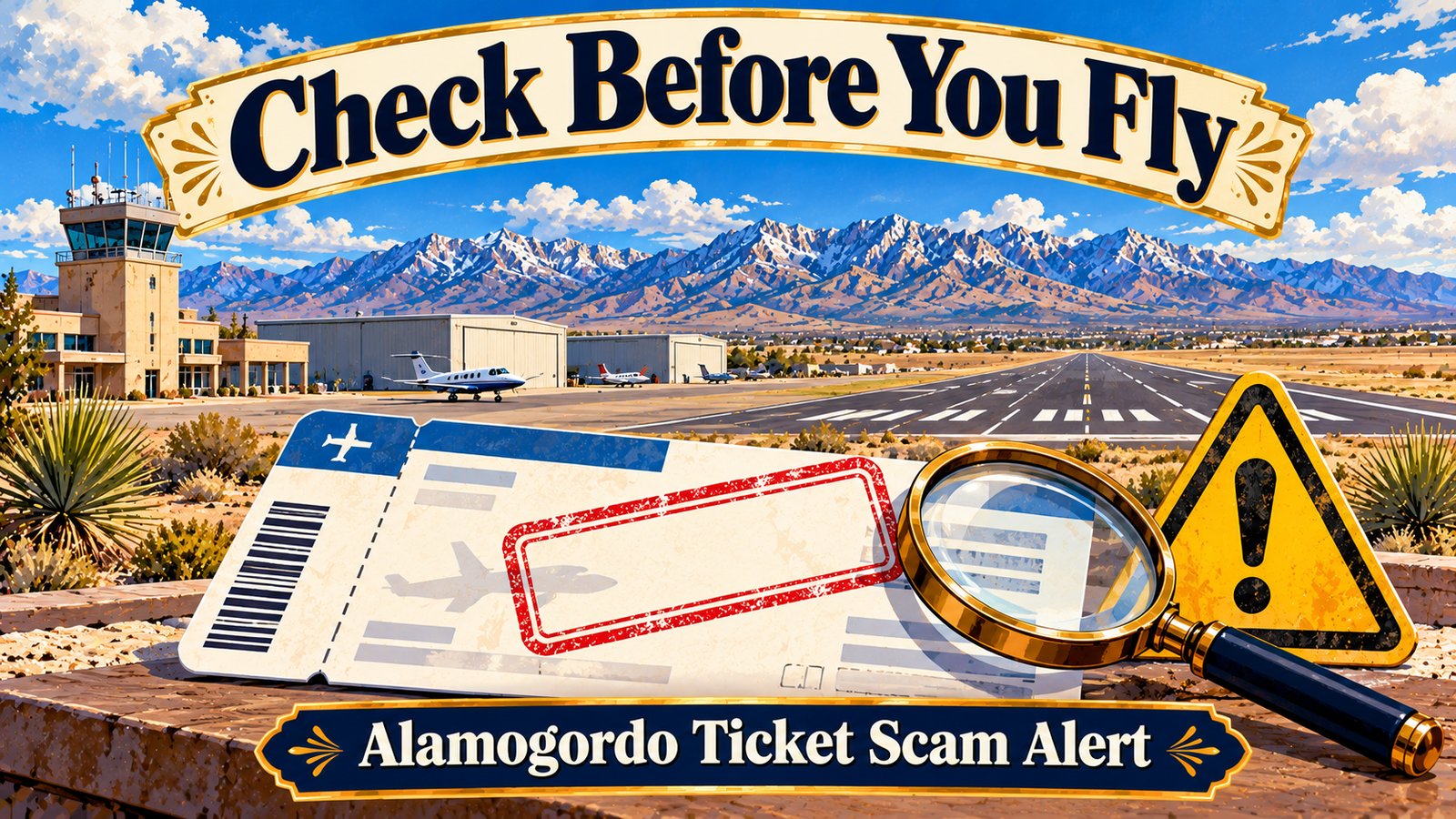 Illustrated vintage travel poster of a small desert airport with a control tower and a warning sign beside an empty runway under a bright blue sky