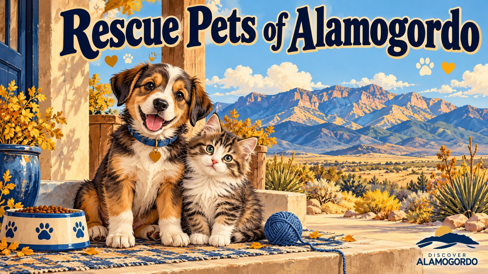Illustrated vintage travel poster of a happy puppy and kitten on a sunny porch with the Sacramento Mountains behind them, under the words Rescue Pets of Alamogordo