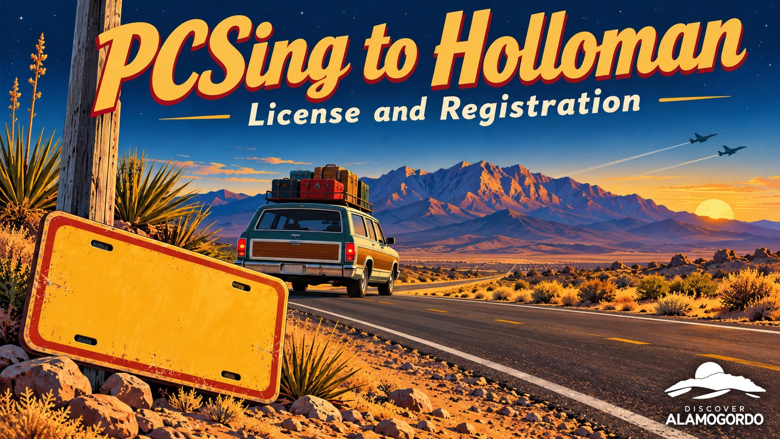 Illustrated vintage travel poster of a family car on a desert highway toward the Sacramento Mountains at twilight, with a New Mexico style license plate and the words PCSing to Holloman, License and Registration
