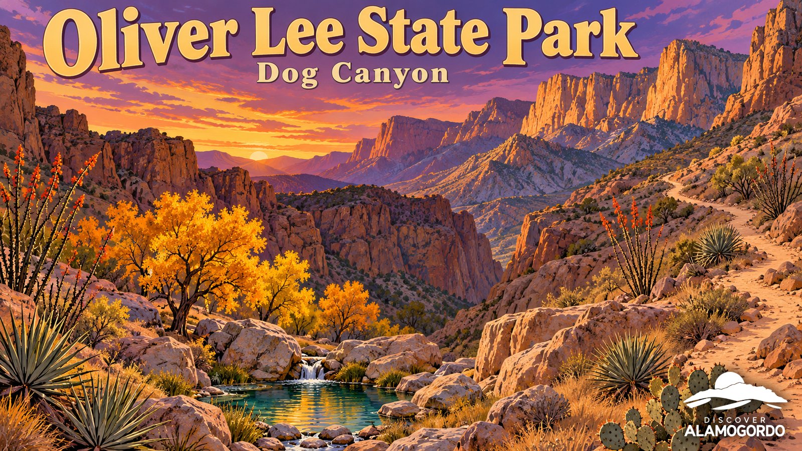 Illustrated vintage travel poster of Dog Canyon at Oliver Lee State Park, with cottonwoods by a spring pool below rugged mountain cliffs at sunset, under the words Oliver Lee State Park, Dog Canyon