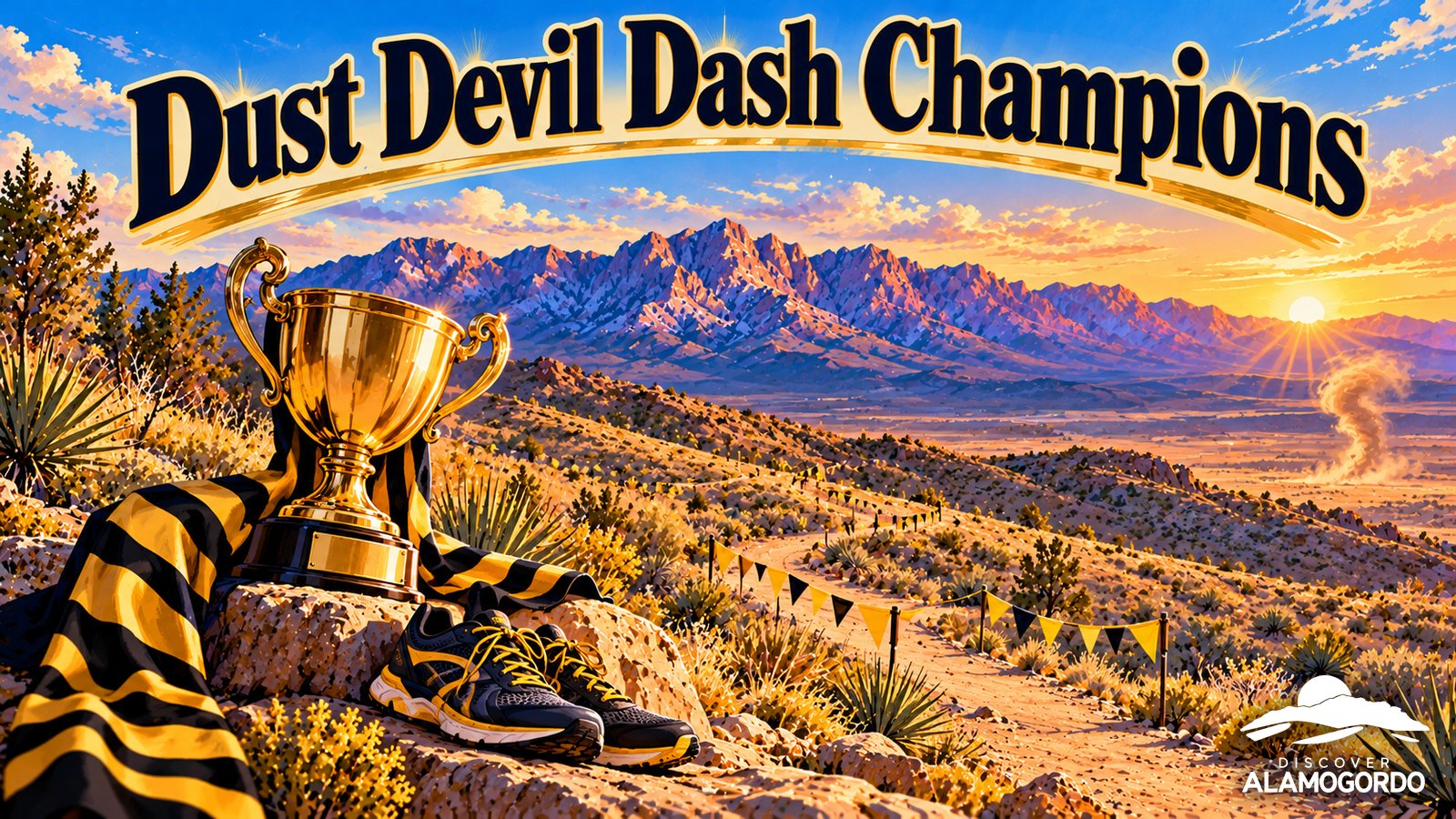 Illustrated vintage travel poster of a cross country course winding through desert hills toward the mountains at sunrise, with a gold trophy and a tiger stripe banner, under the words Dust Devil Dash Champions