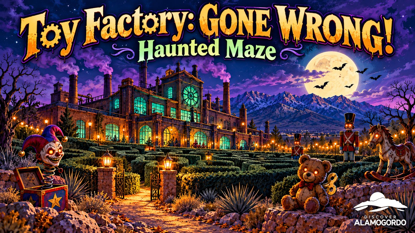 Illustrated vintage poster of a spooky old toy factory at night with glowing windows, a crooked jack in the box and a wind up teddy bear by a hedge maze, under the words Toy Factory: GONE WRONG! Haunted Maze