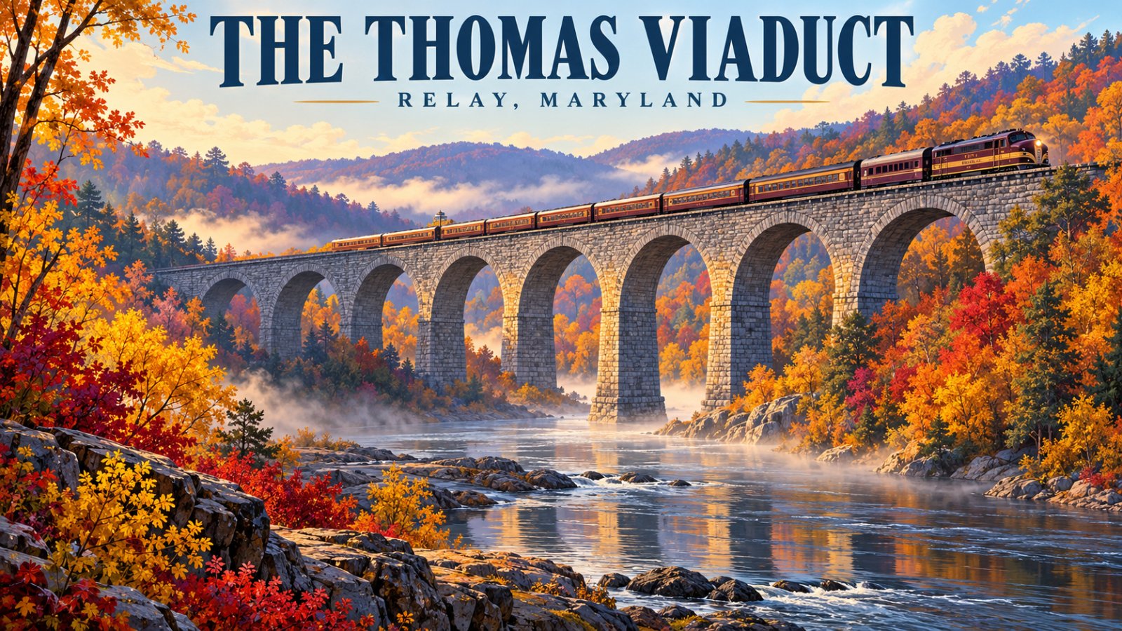 Illustrated vintage travel poster of the curving eight-arch Thomas Viaduct stone railroad bridge over the Patapsco River in autumn, with the words The Thomas Viaduct, Relay, Maryland