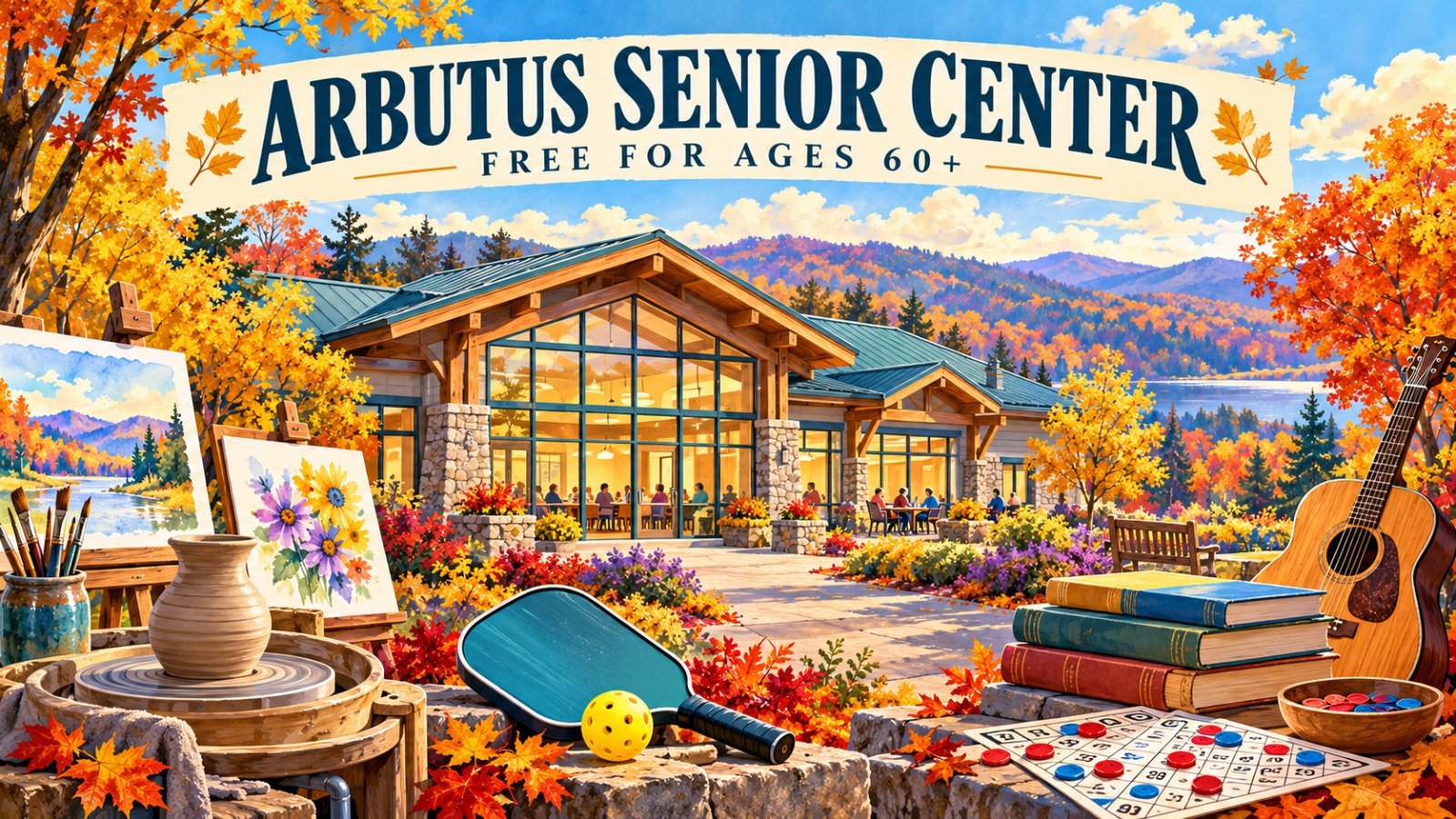 Illustrated vintage poster of a bright community center surrounded by pottery, watercolor easels, pickleball paddles, bingo cards, a guitar and books, with the words Arbutus Senior Center, Free for ages 60+