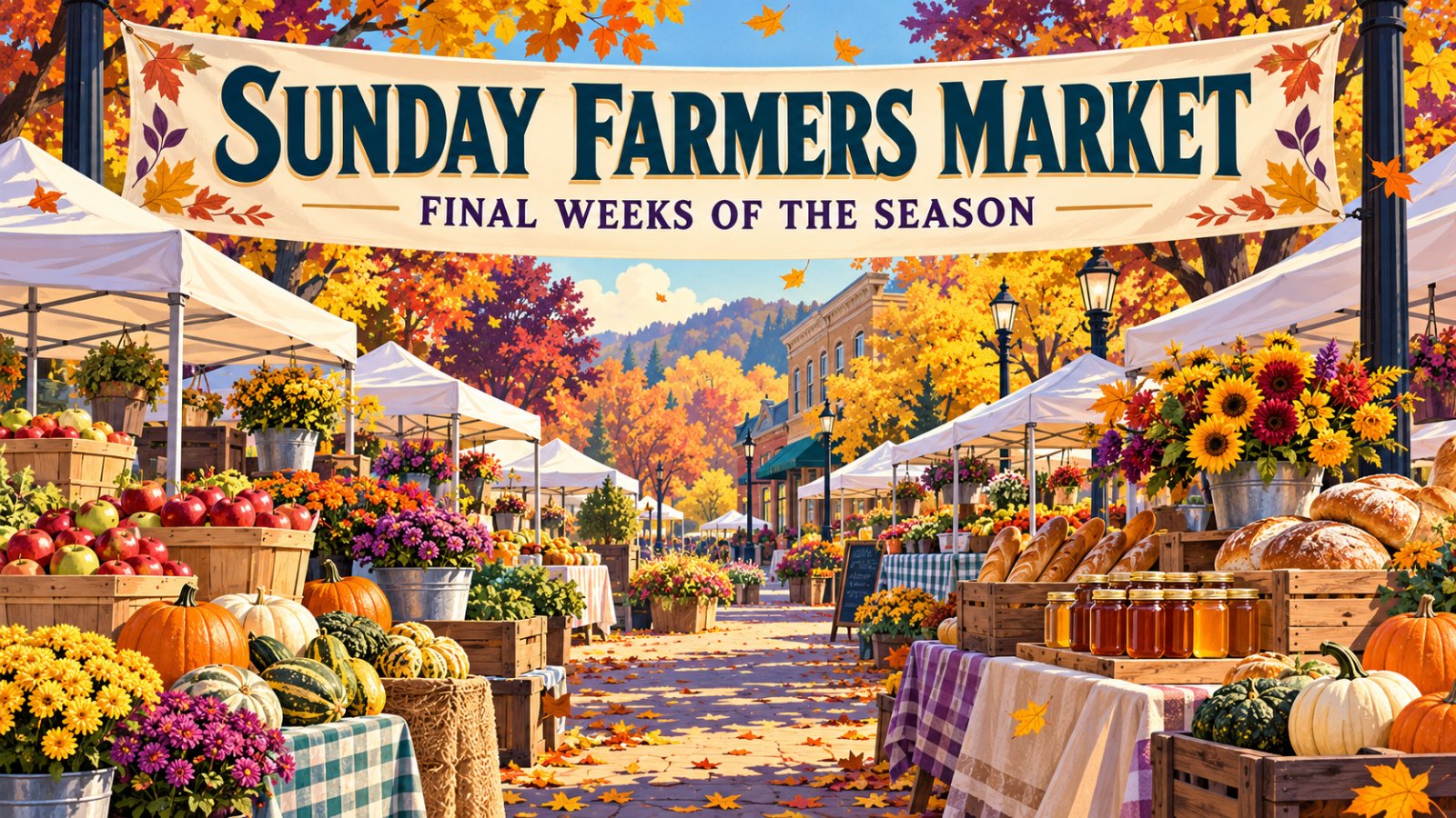 Illustrated vintage poster of an autumn farmers market with canopy tents, apples, pumpkins, bread and honey, with the words Sunday Farmers Market, Final weeks of the season