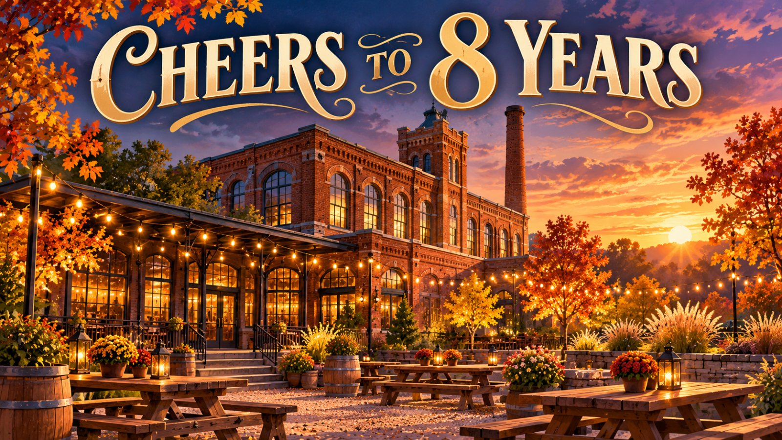Illustrated vintage postcard of a historic brick brewery building and beer garden with string lights at golden hour, with the words Cheers to 8 years