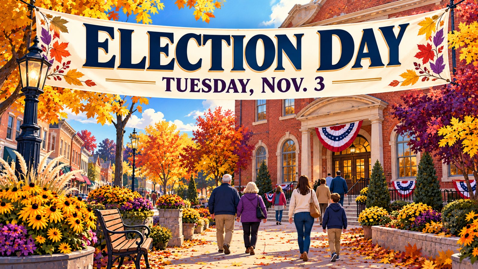 Illustrated vintage poster of a friendly small-town Maryland street in autumn with neighbors walking toward a brick community building with bunting, with the words Election Day, Tuesday, Nov. 3