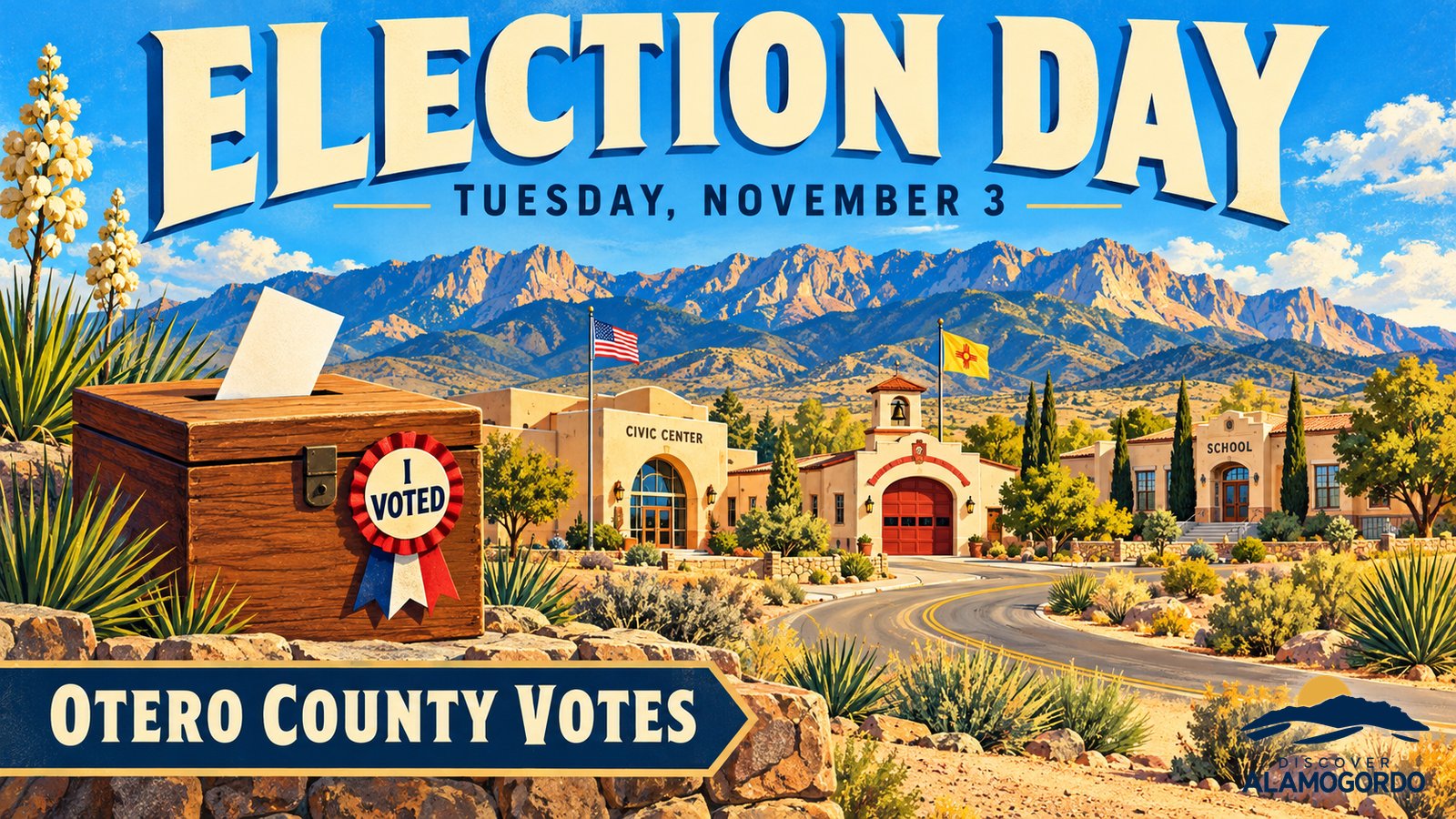 Illustrated vintage travel poster of a ballot box with an I Voted ribbon in front of a desert town and mountains under a bright blue morning sky