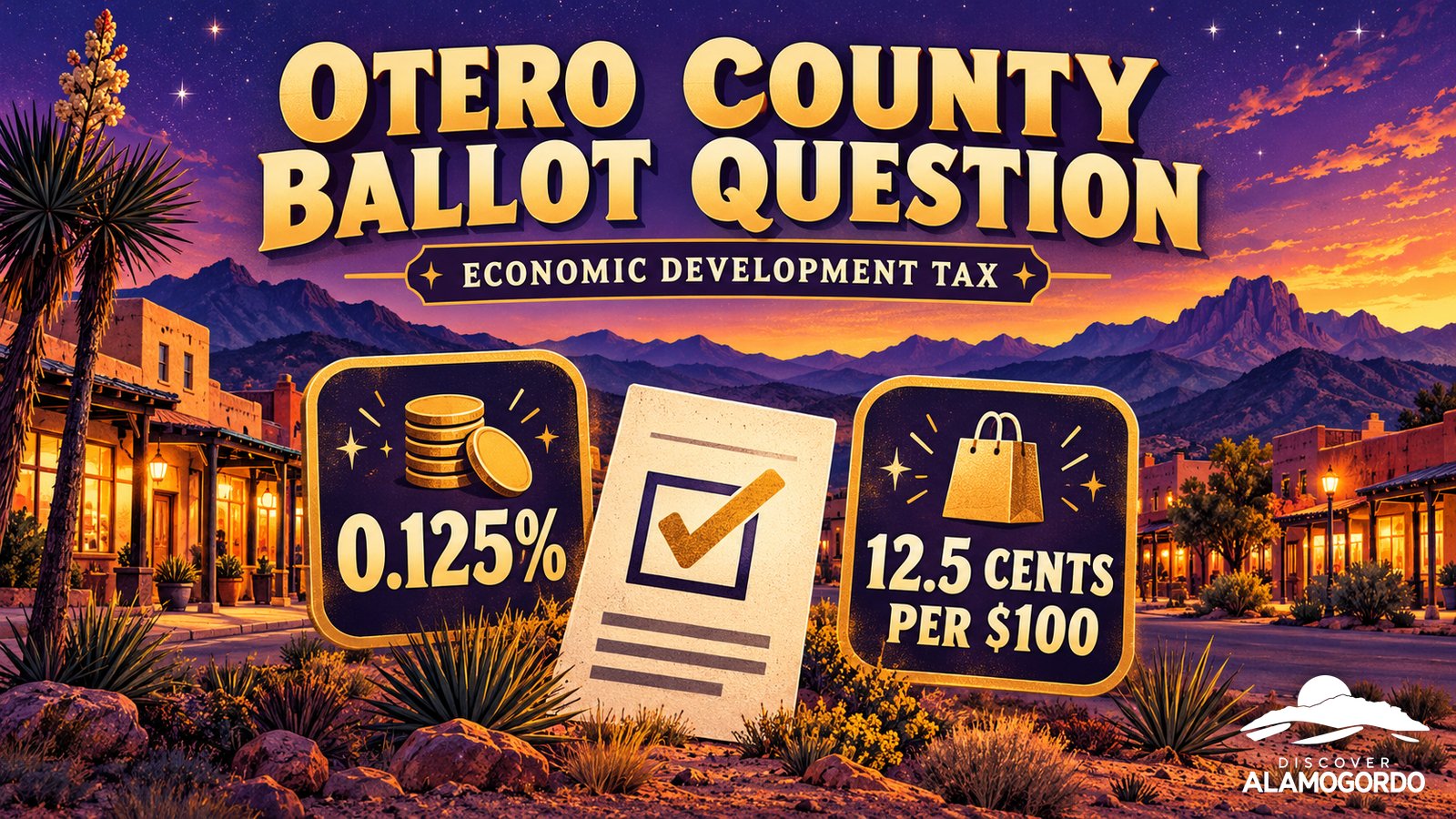 Illustrated poster of a ballot card reading 0.125 percent and 12.5 cents per 100 dollars over a desert town and mountains at a purple and gold dusk