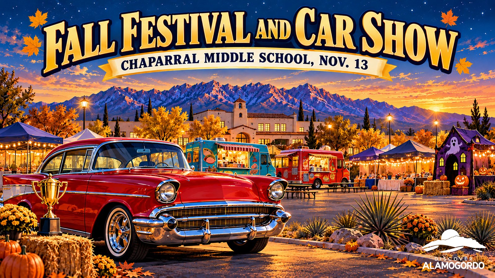 Illustrated poster of a shiny classic car, food trucks and festival lights at a school fall festival under a blue evening sky with autumn leaves