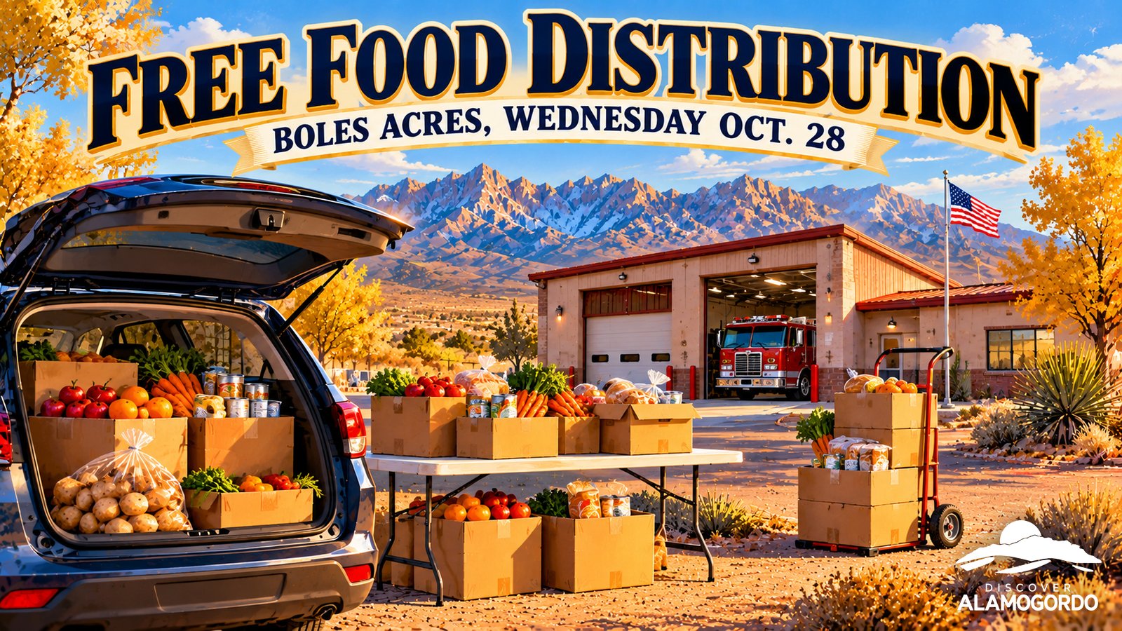 Illustrated scene of volunteers loading boxes of fresh produce and groceries into a car trunk outside a small town fire station with mountains at sunrise