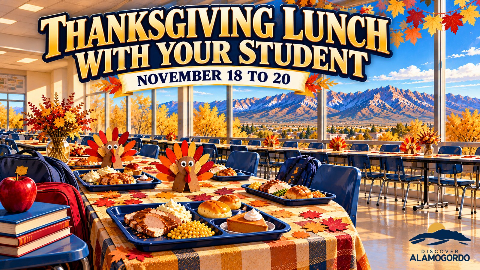 Illustrated school cafeteria table set for Thanksgiving with a turkey lunch, pies and autumn leaves in deep blue, gold and cranberry