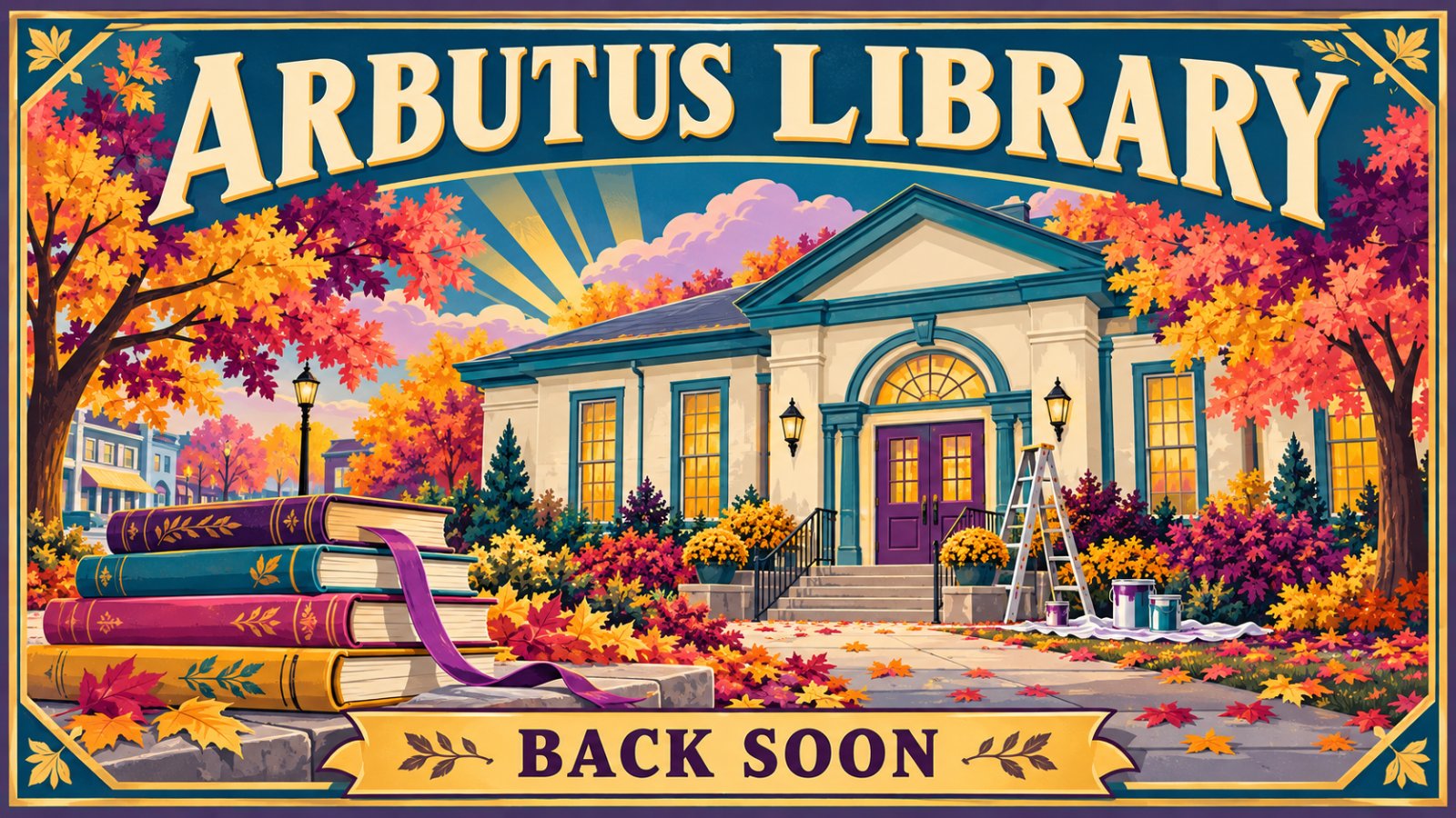 Vintage travel poster of a cozy brick library with autumn trees, a teal sky and a golden sign reading Arbutus Library, Back Soon