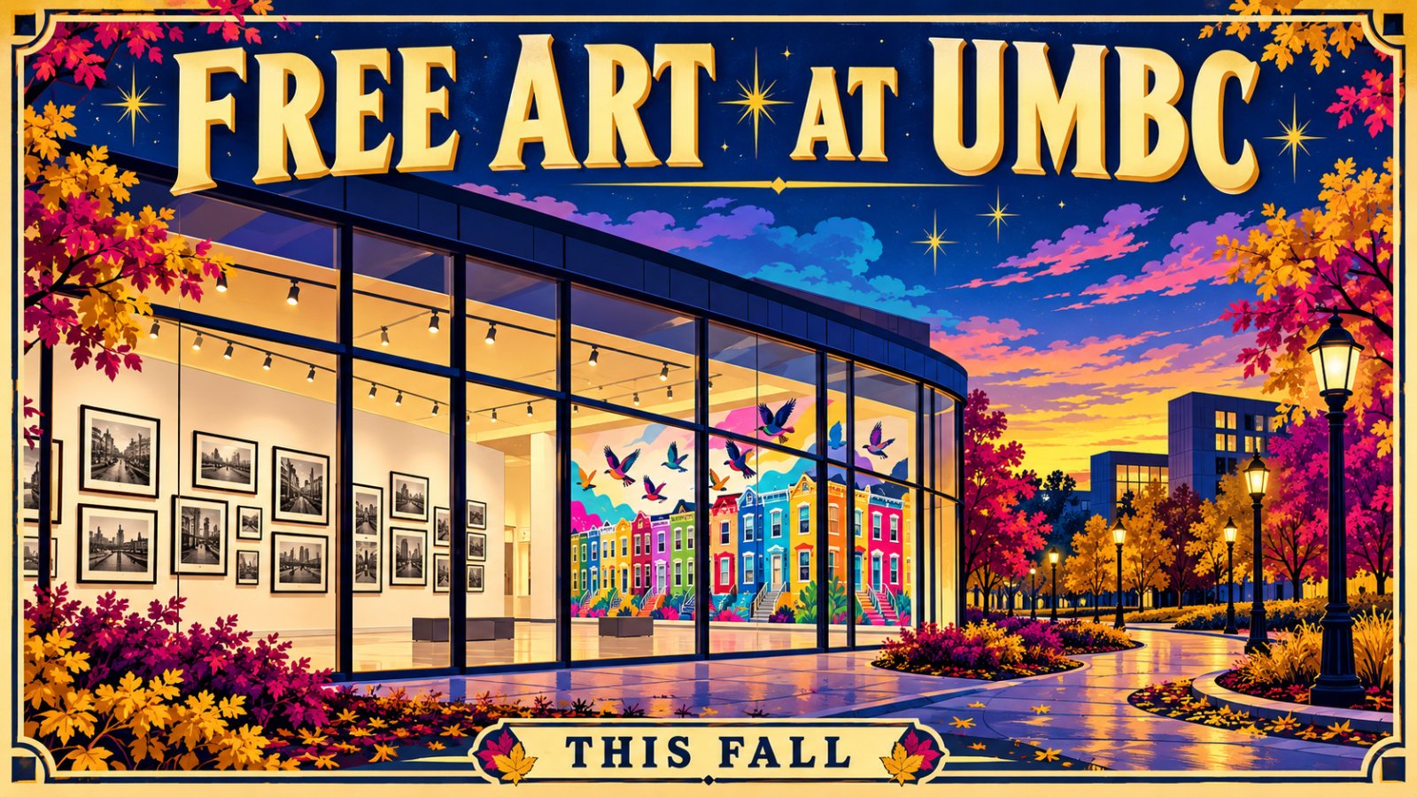 Vintage travel poster of a modern campus gallery at dusk with framed photographs and colorful row home artwork, and the words Free Art at UMBC