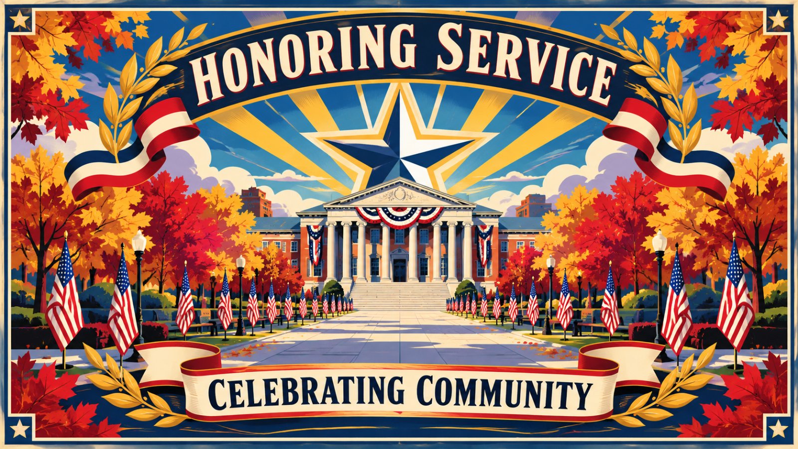 Vintage travel poster of a flag-lined university plaza in autumn with stars and ribbons and the words Honoring Service, Celebrating Community