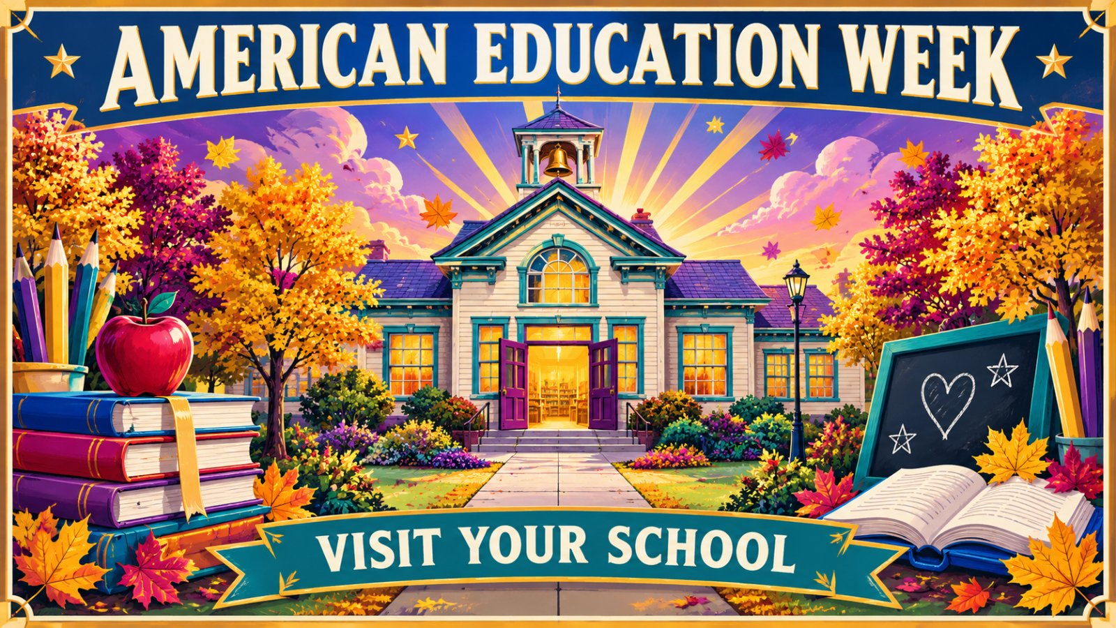 Vintage travel poster of a cheerful brick schoolhouse in autumn with an open door, apple, pencils and books, and the words American Education Week