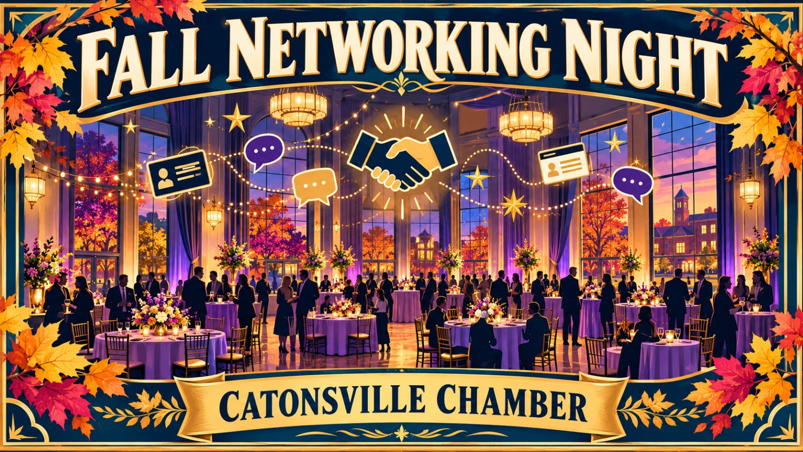 Vintage travel poster of a glowing university ballroom at evening with string lights and connected business card icons, and the words Fall Networking Night