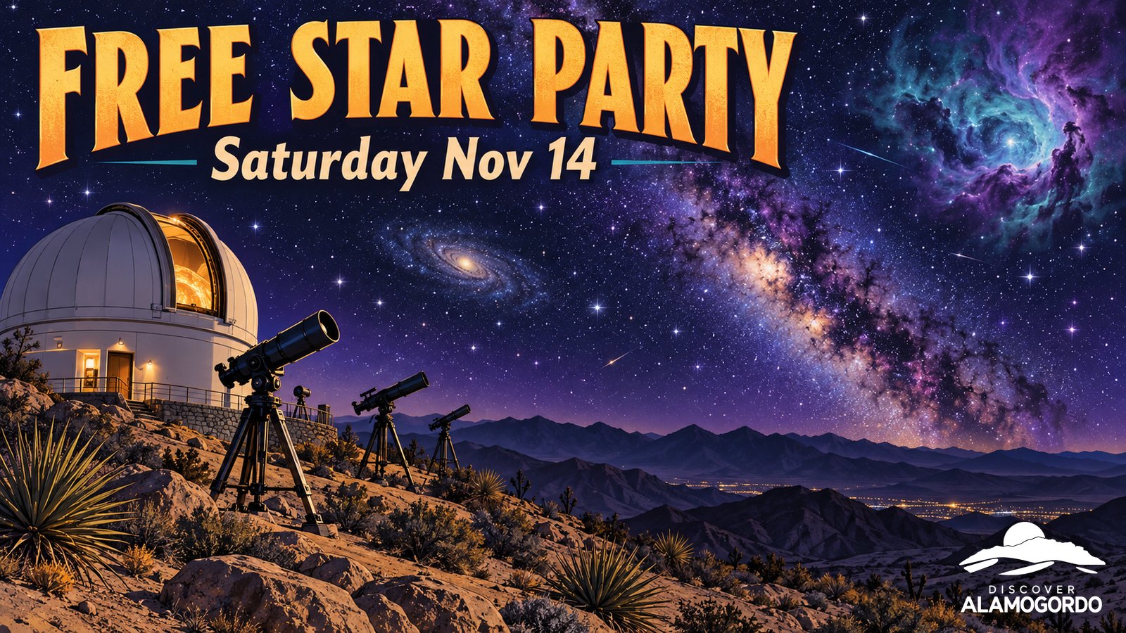 Illustrated vintage travel poster of a desert observatory dome and telescopes under a purple starry sky with the Milky Way, with the words Free Star Party and Saturday Nov 14