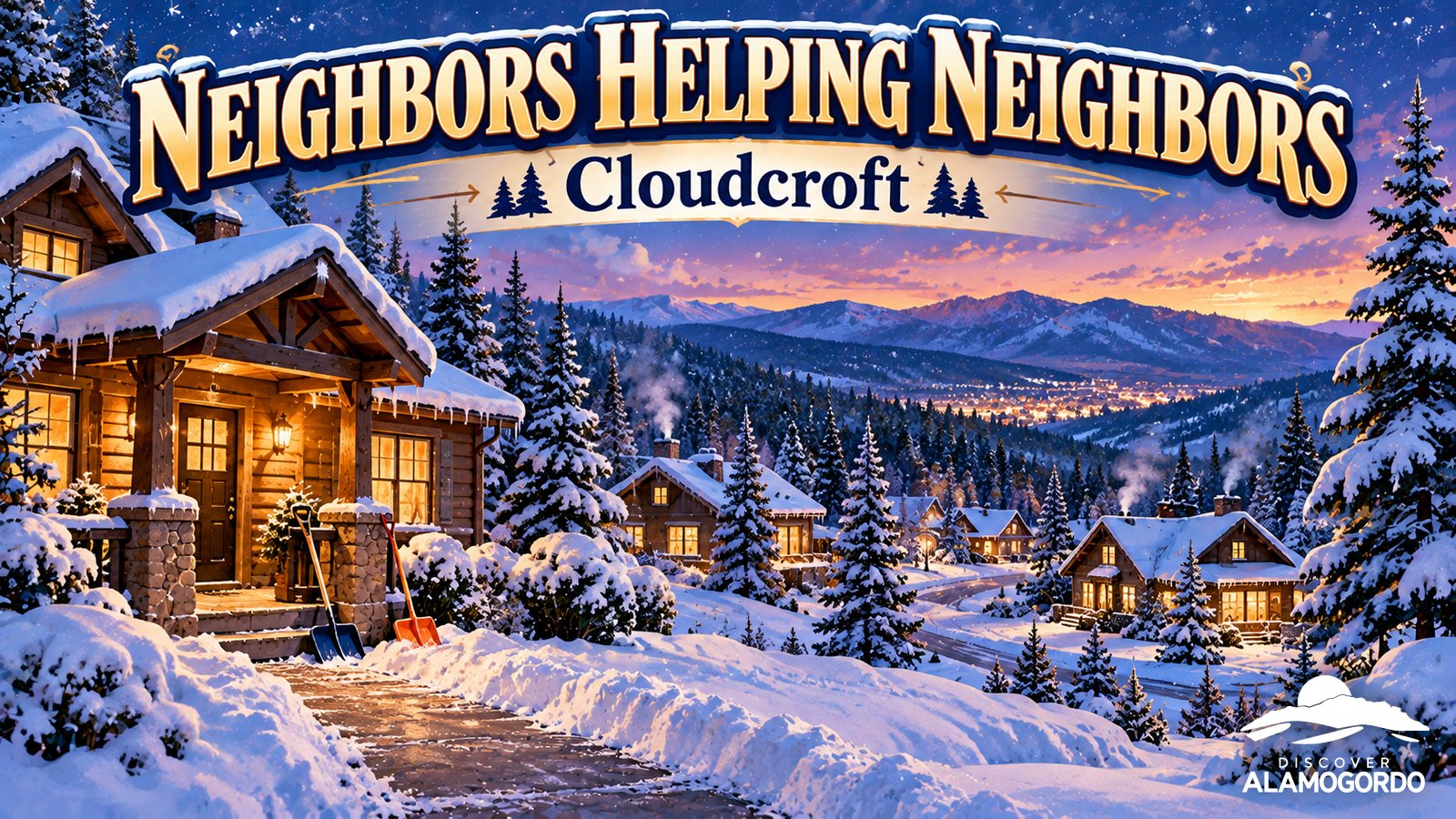 Illustrated vintage travel poster of a snowy mountain village with pine trees, cabins and freshly shoveled walkways under a pale blue winter sky, with the words Neighbors Helping Neighbors and Cloudcroft