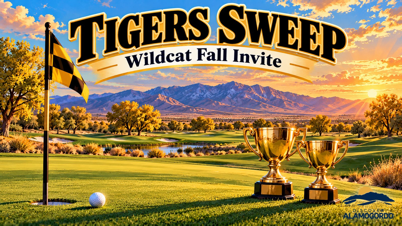 Illustrated vintage travel poster of a golf green with a flag and two trophies under a golden sunset sky over the plains, with the words Tigers Sweep and Wildcat Fall Invite