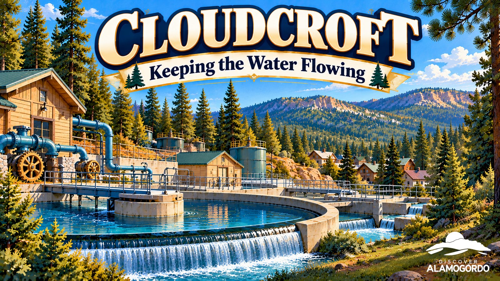 Illustrated vintage poster of a mountain village water treatment plant among tall green pines with blue water channels and gears, with the words Cloudcroft and Keeping the Water Flowing