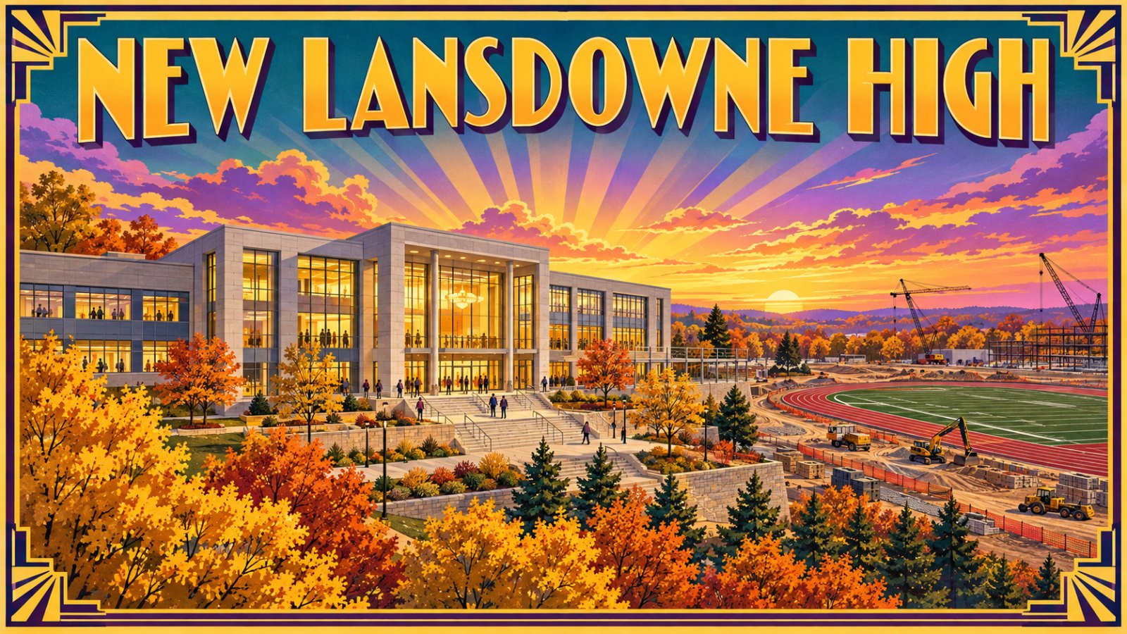 Vintage travel poster illustration of a modern high school campus with a new track under a sunset sky