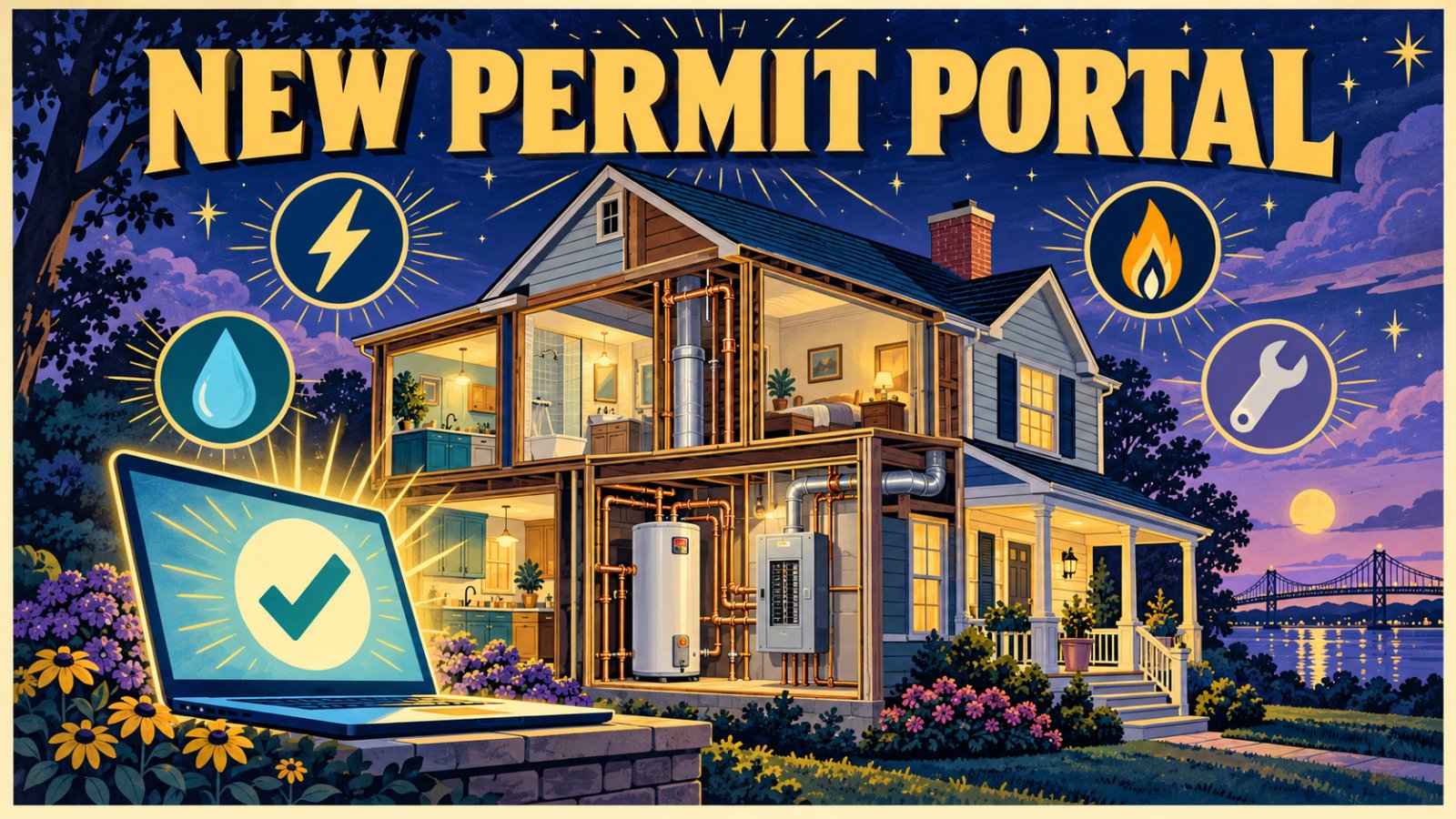 Vintage travel poster illustration of a cozy home with tools, a laptop and permit papers