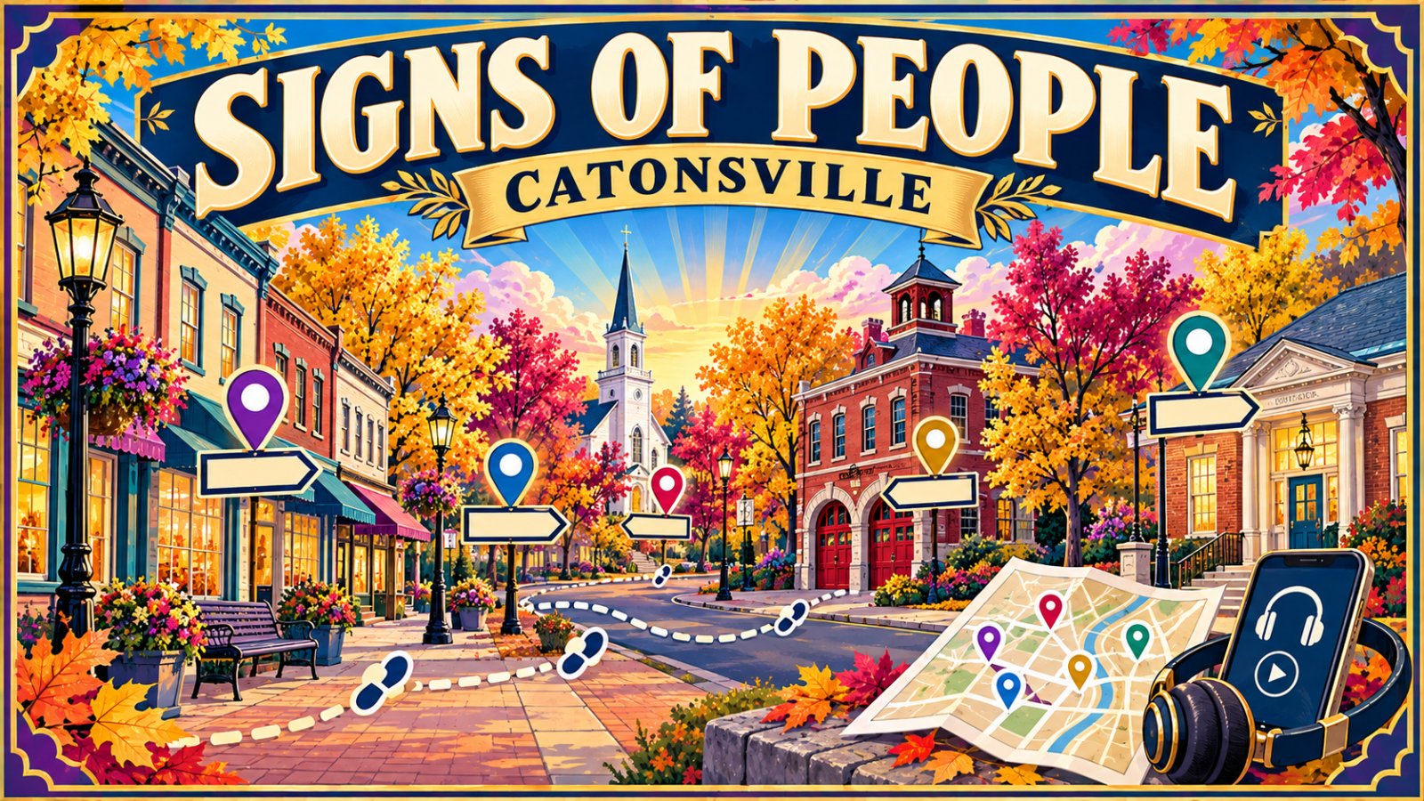 Vintage travel poster illustration of a historic small town main street walking tour with arrow signs and map pins