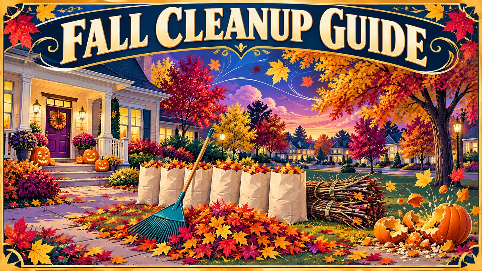 Vintage travel poster illustration of a front yard with paper leaf bags, a rake and pumpkins under autumn trees
