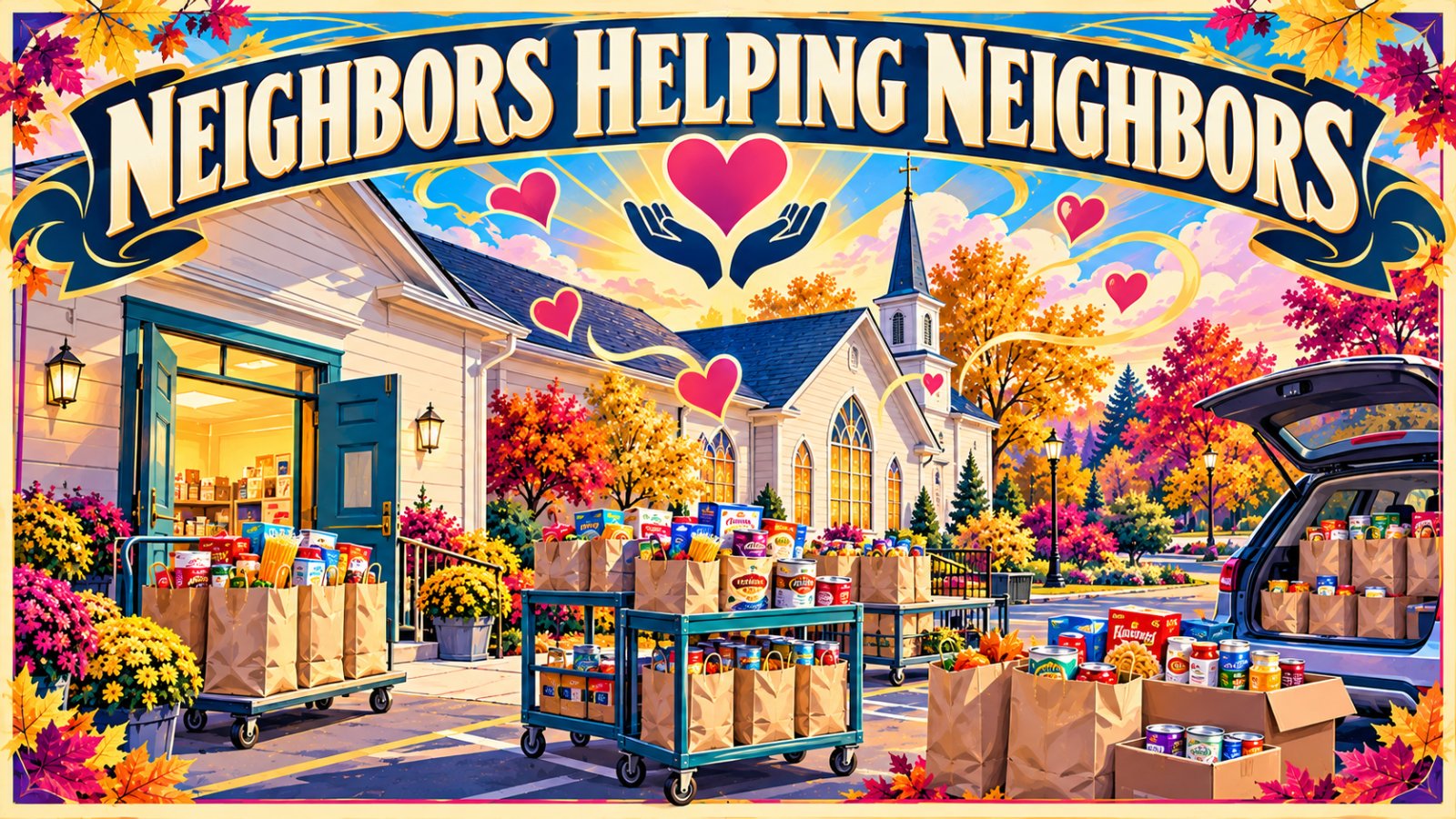 Vintage travel poster illustration of a neighborhood food pantry with grocery bags, cans and cereal boxes