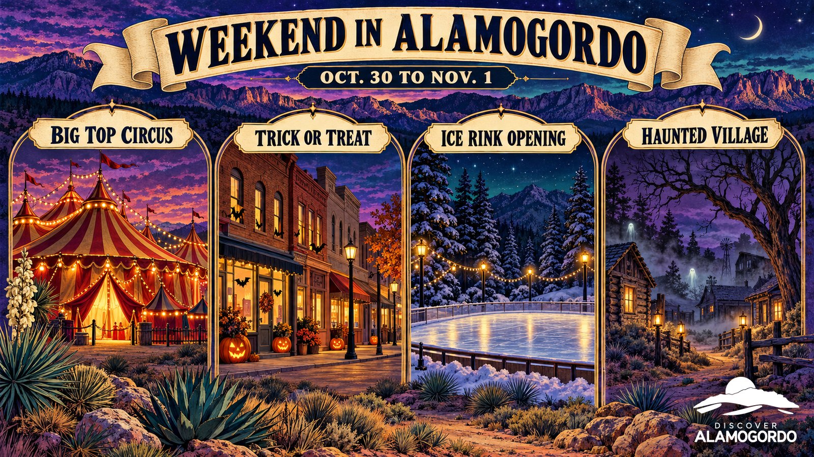 Illustrated vintage travel poster titled Weekend in Alamogordo, Oct. 30 to Nov. 1, with four panels showing a circus big top, a downtown trick or treat street, a mountain ice rink and a haunted pioneer village under a purple night sky