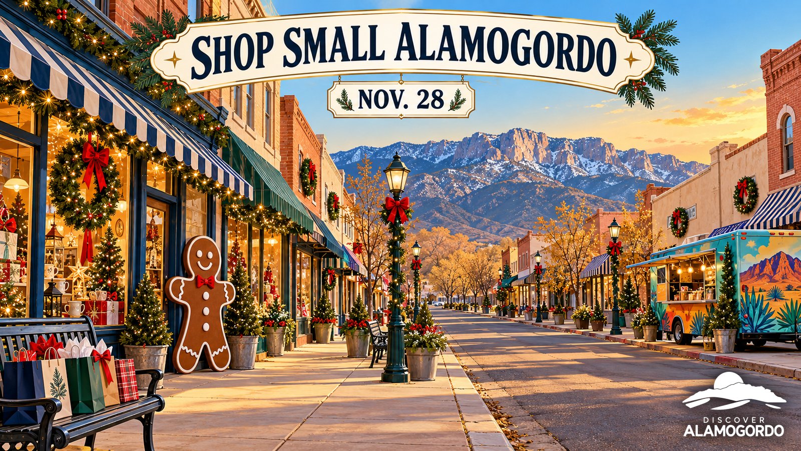 Illustrated vintage poster of a festive downtown Alamogordo street with brick storefronts, wreaths, gift bags, a food truck and the Sacramento Mountains behind, titled Shop Small Alamogordo, Nov. 28