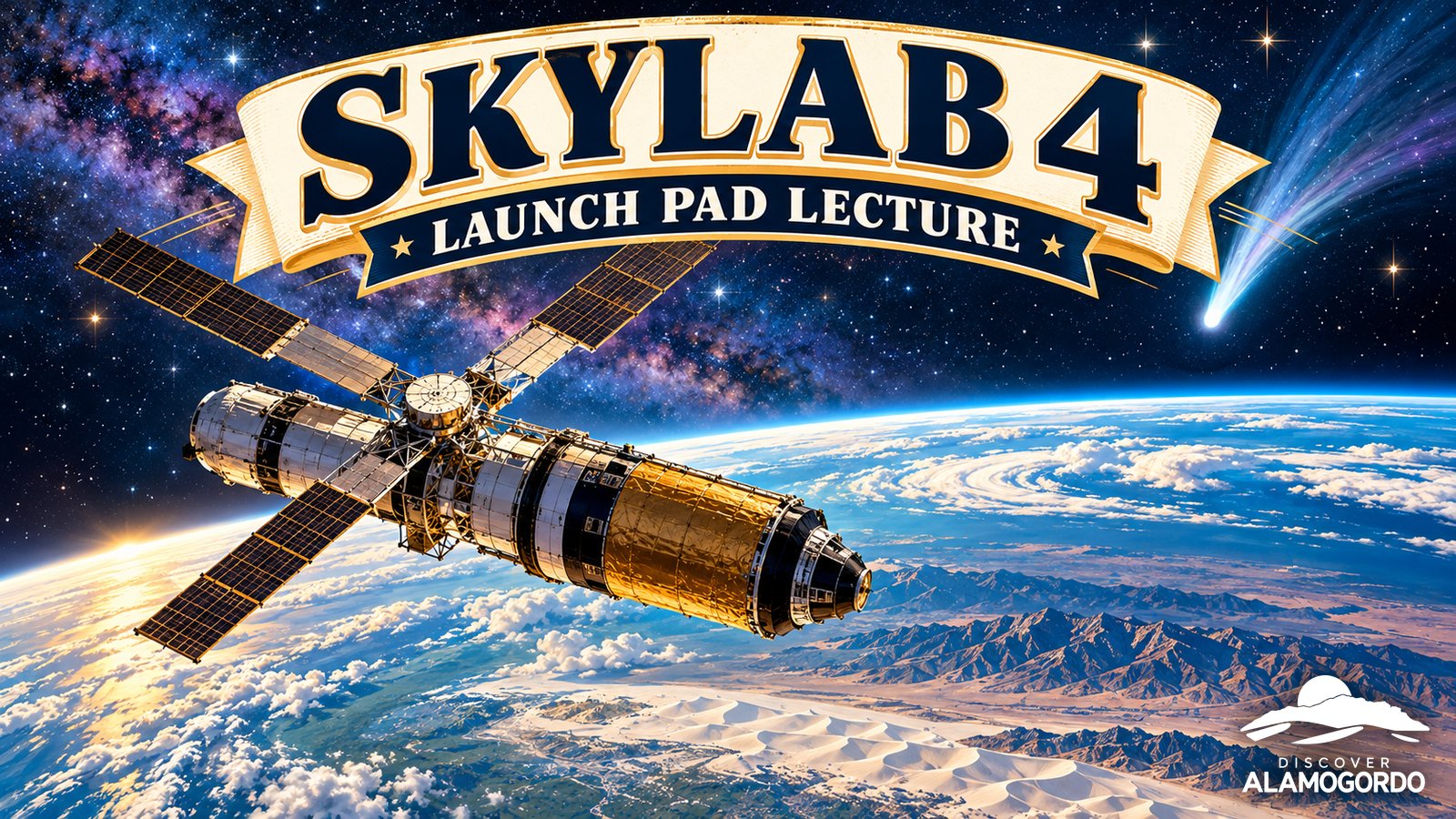 Illustrated vintage space poster of the Skylab space station orbiting above Earth with the glowing curve of the planet and a distant comet, titled Skylab 4 Launch Pad Lecture