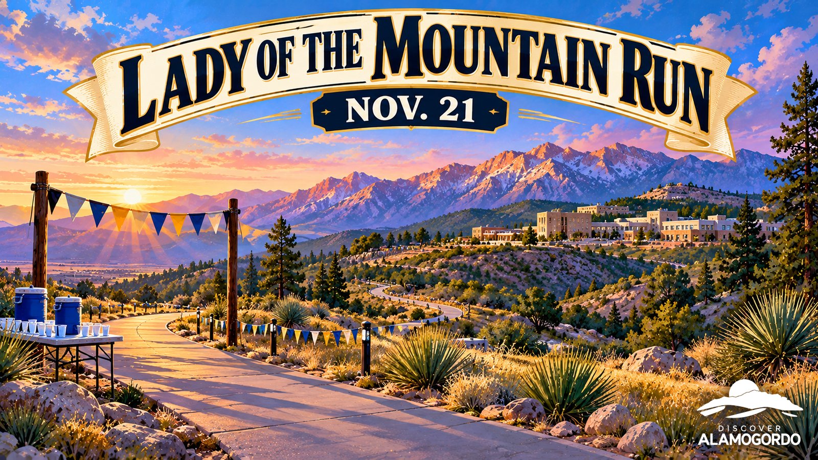 Illustrated vintage poster of a winding desert running path at sunrise below the Sacramento Mountains, with race flags, mile markers and a college campus on the hillside, titled Lady of the Mountain Run, Nov. 21