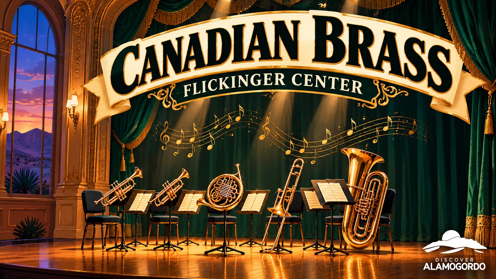 Illustrated vintage concert poster of five gleaming brass instruments, a trumpet, French horn, trombone, tuba and second trumpet, on a stage with velvet curtains and spotlights, titled Canadian Brass, Flickinger Center