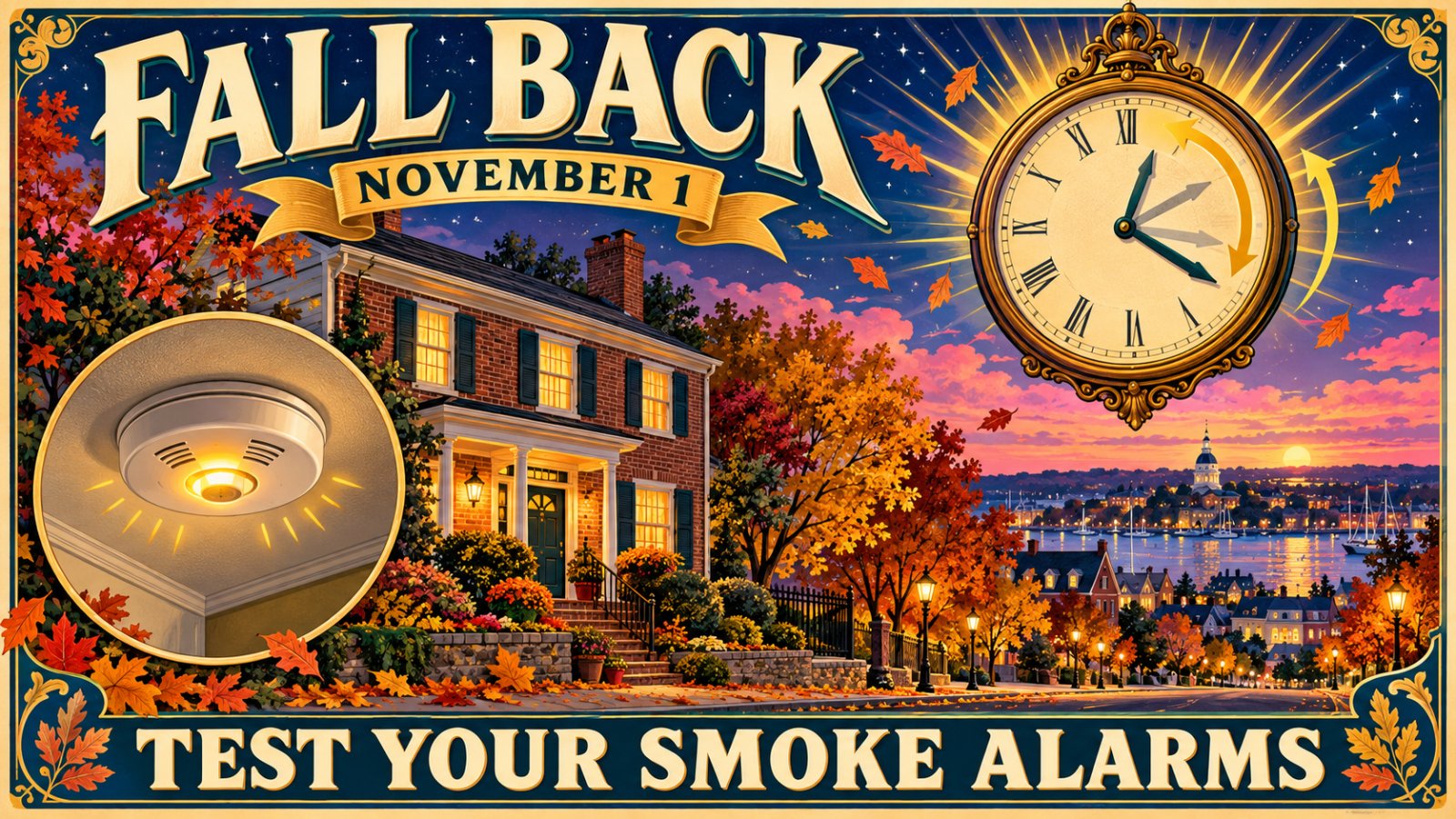 Vintage travel poster style illustration of a cozy home at dusk with a glowing smoke alarm and a vintage clock turning back one hour
