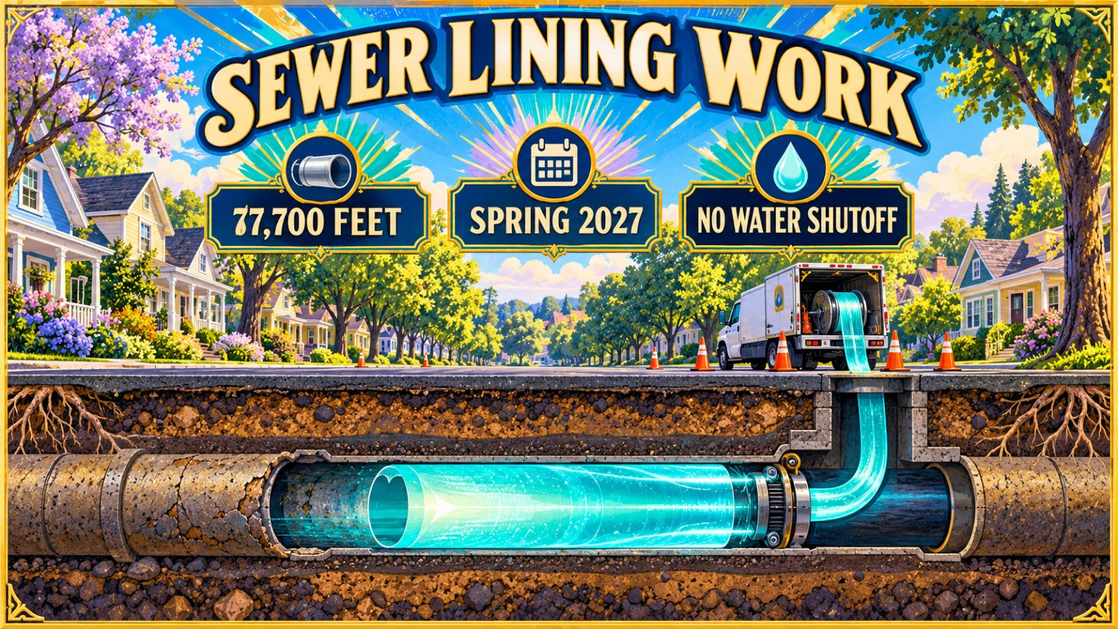 Vintage travel poster style illustration of a tree-lined Arbutus street with a cutaway view of sewer pipes being relined, with project stat tiles