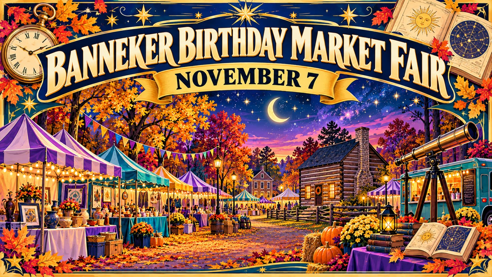 Vintage travel poster style illustration of a colonial market fair at a wooded historic park with a starry sky, almanac pages and a wooden clock