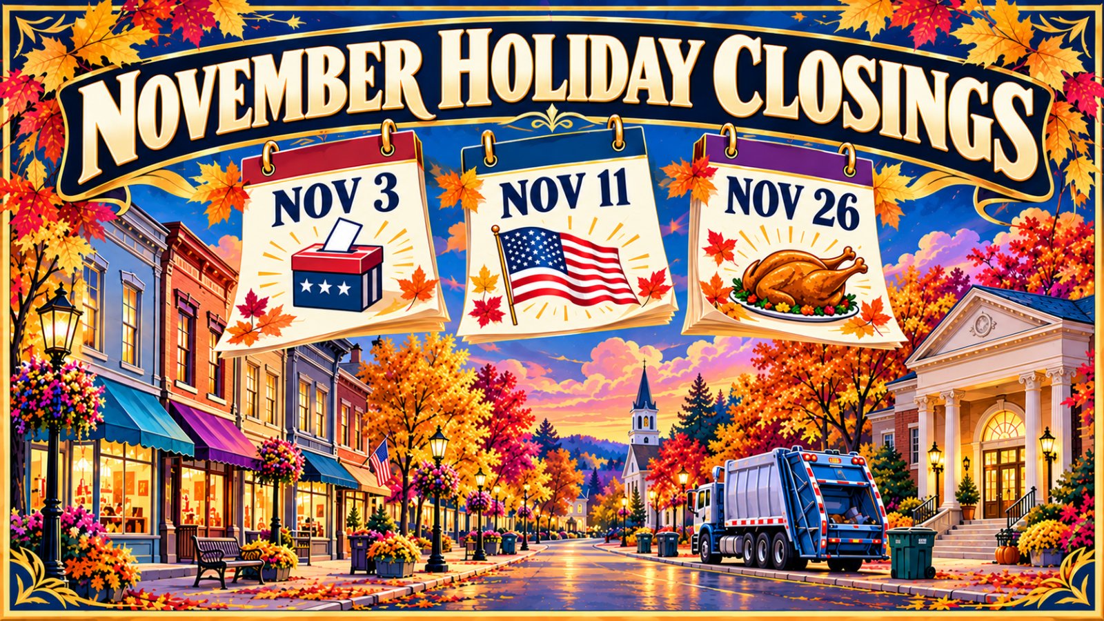 Vintage travel poster style illustration of three oversized calendar pages for November holidays over an autumn Arbutus main street